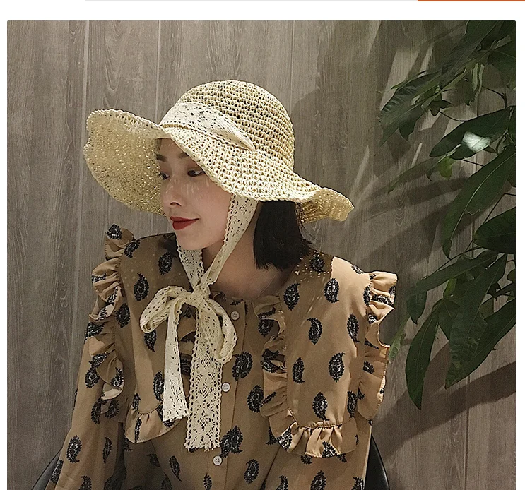 Летние Шапки для Для женщин Мода Дизайн Для женщин Beach Sun Hat Складная соломенной шляпе с кружевной лентой AD343