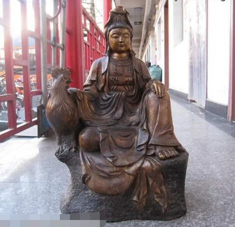

bi002415 Tibet classical Bronze Sit freedom Kwan-Yin Bodhisattva Buddha Hold chook Statue