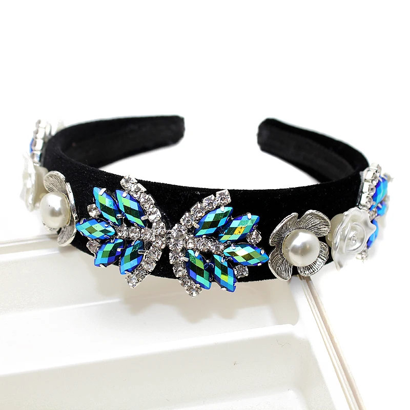 

Fashion Wide Sparkly AB Green And Blue Crystal Headband Flower Pearl Rhinestone Hairband For Women Girls Hair Accessories