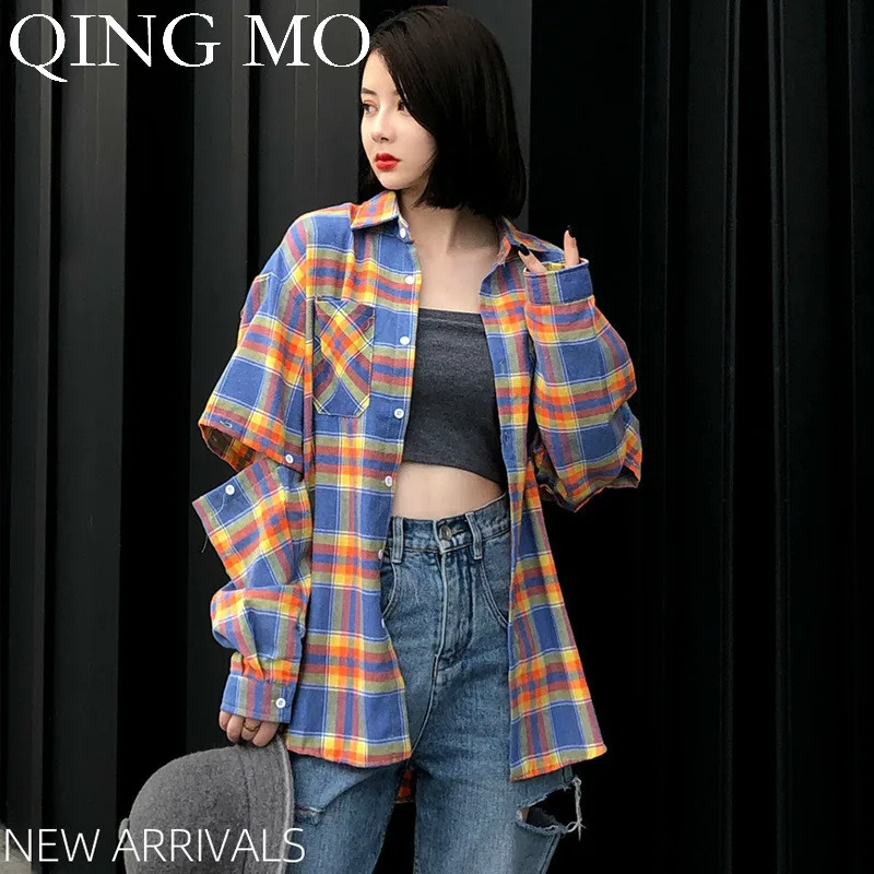 

QING MO Women Orange Blue Green Plaid Blouse Women Removable Sleeve Blouse 2019 Autumn Women Slim Long Blouse ZQY1138