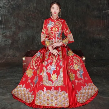 

Women New Chinese Traditional Cheongsam Vintage Red Female Qipao Flower Embroidery Dragon Phoenix Bride Wedding Pleated Dress