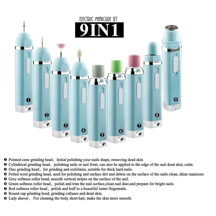 9 в 1 Профессиональная насадка для ногтей электрическая шлифовальная машина многофункциональный полировщик для ногтей шлифовальный станок для ног женские Бритвенные наборы
