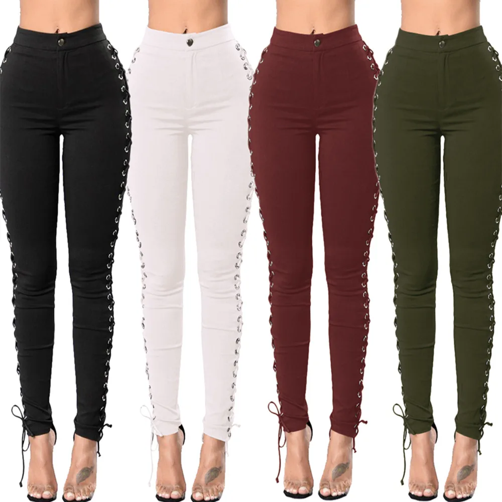 

New Ms. pocket-free side full-open bandage cuffs with large size jeans tight thin comfortable breathable mesh elastic feet pants