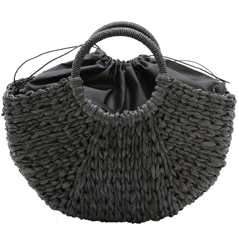 

Handmade Beach Bag Round Straw Tote Bag Large Bucket Summer Bags Women Natural Basket Handbag, Black With Lining