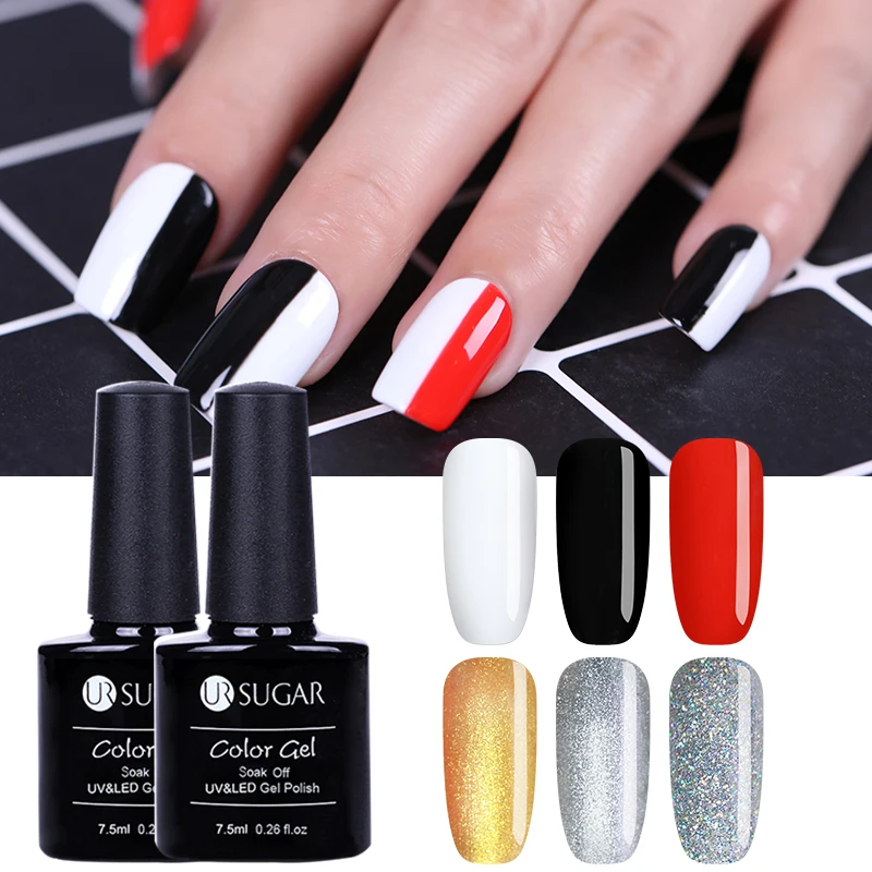 

UR SUGAR 7.5ml Super Pure Classic Color White Black Red Sliver Holographic Glitter Coat Nail Gel Polish Soak Off UV Gel