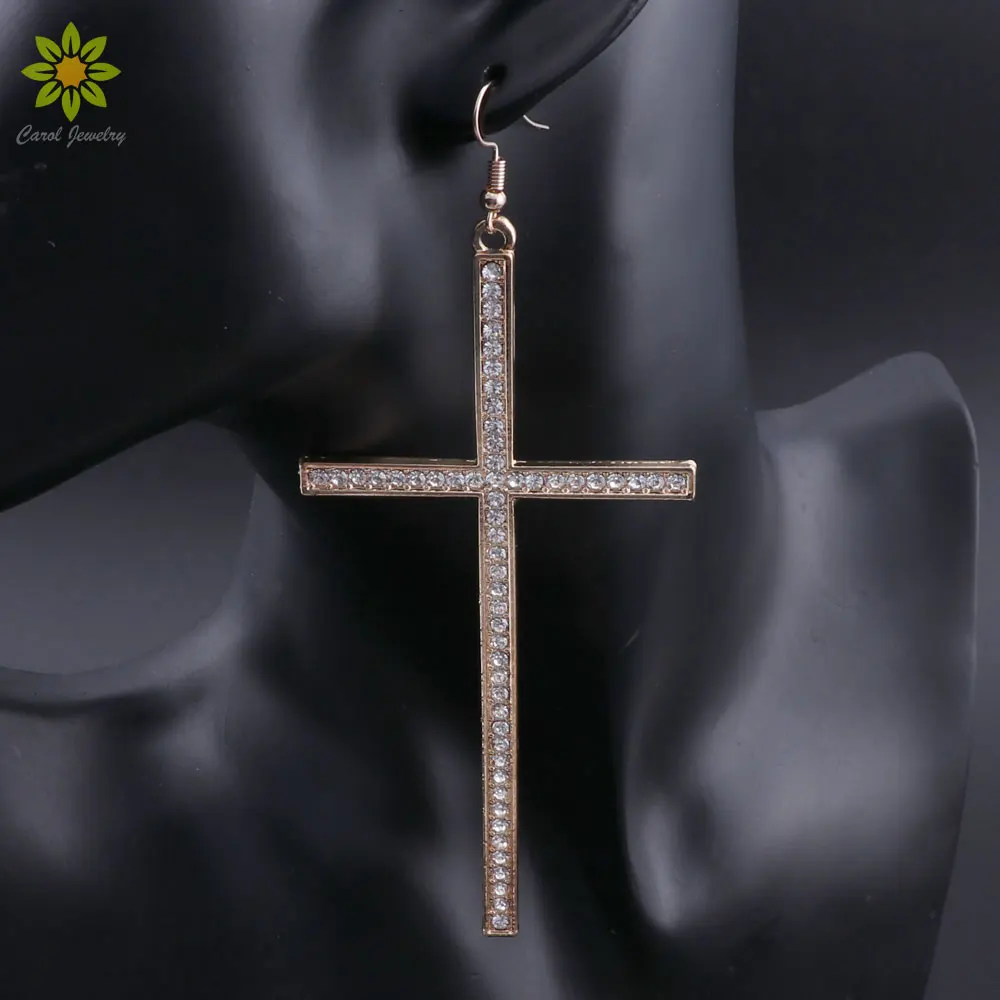 Hip Hop Big Gold/Silver Plated Rhinestone Cross Dangle Earrings Fashion Crystal Cross Earrings