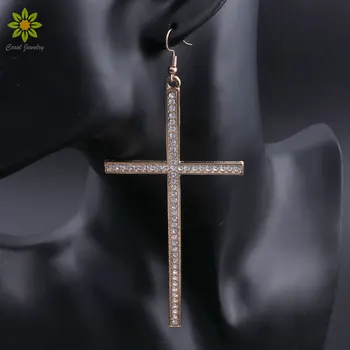 Hip Hop Big Gold/Silver Plated Rhinestone Cross Dangle Earrings Fashion Crystal Cross Earrings