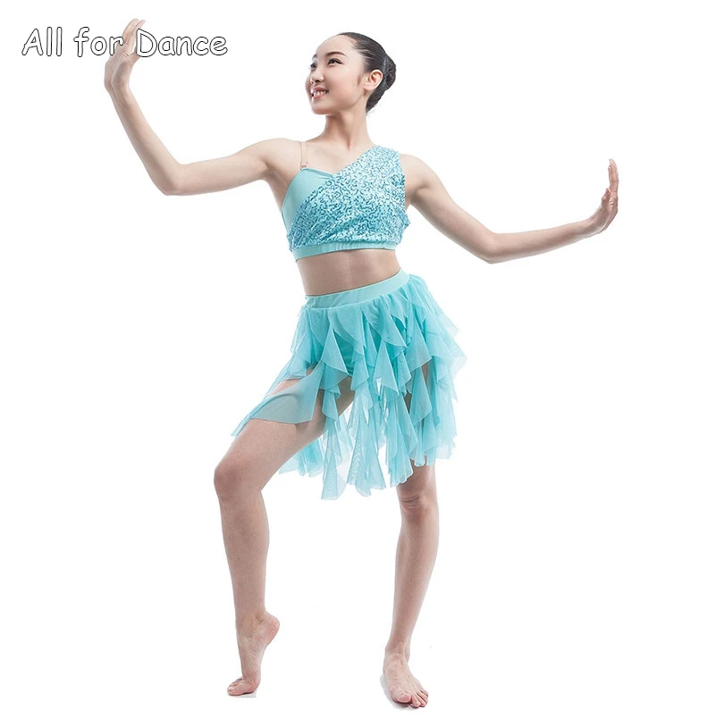 Pale blue sequin bodice dance costume with separated top and dance