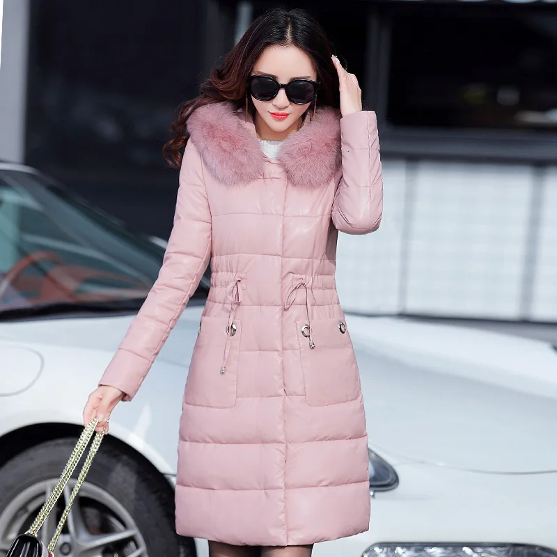 AYUNSUE женская кожаная куртка зимнее пальто воротник из лисьего меха розовые Куртки из искусственной кожи женские пальто Manteau Femme Hiver KJ1065 - Цвет: Pink