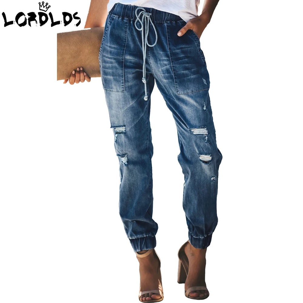 

LORDLDS Denim Jeans Womens elastic Waist New Ripped jeans for women 2019 Summer Pants Trousers