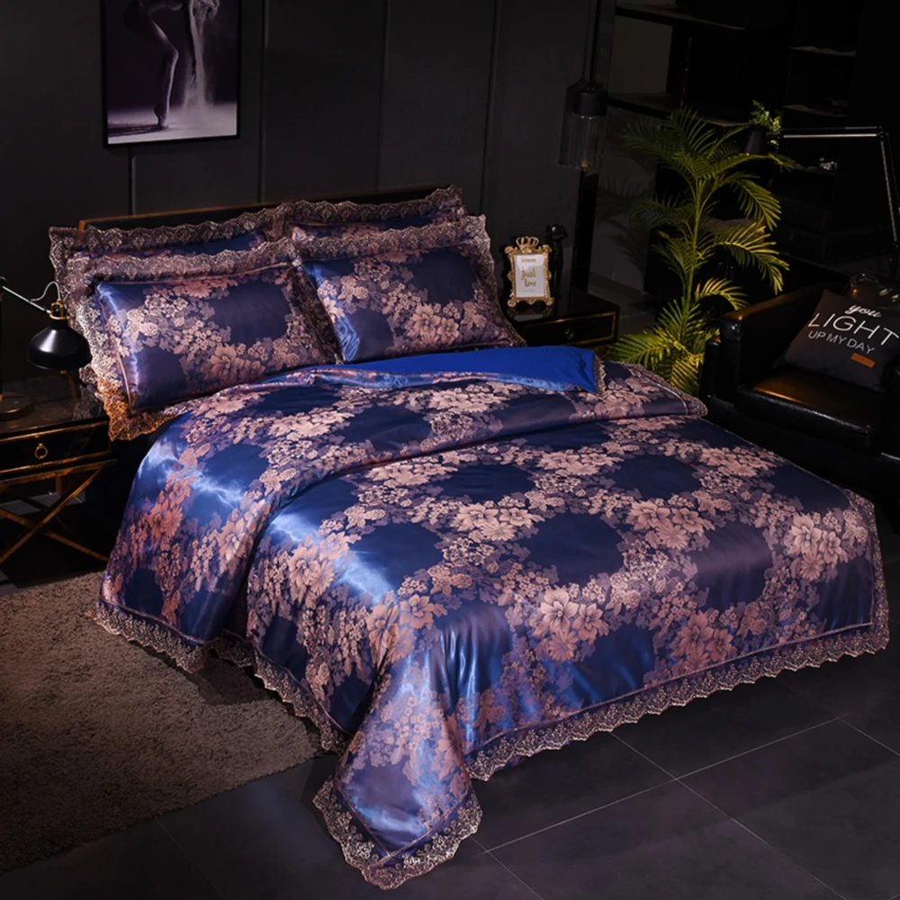 

Wedding Luxury Bedding Sets Jacquard Queen/King Size Duvet Cover Set Bed Linen bed sheet Modal jacquard lace sapphire blue