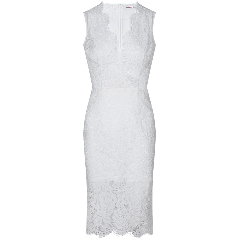 White YIGELILA Women White Lace Dress Fashion Summer Sexy V-neck Sleeveless Empire Slim Knee Length Bodycon Dress 64759 - Color: White