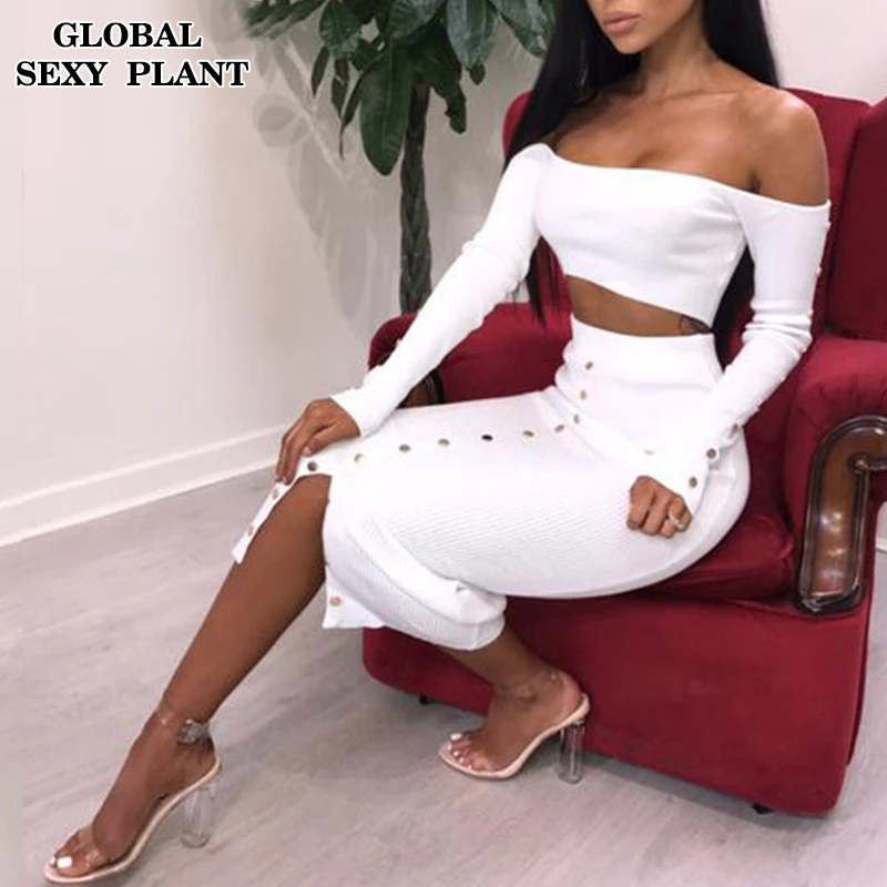 Пикантные с открытыми плечами длинным рукавом Bodycon платье осенне зимняя Дамская