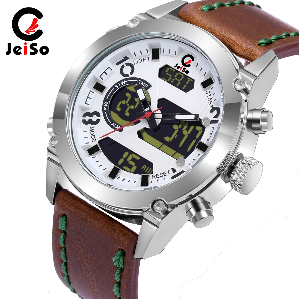 

JEISO Luxury Men Sport Watches Top Brand Leather Watch Mens Quartz Digital Clock Man Army Military Wristwatch Relogio Masculino