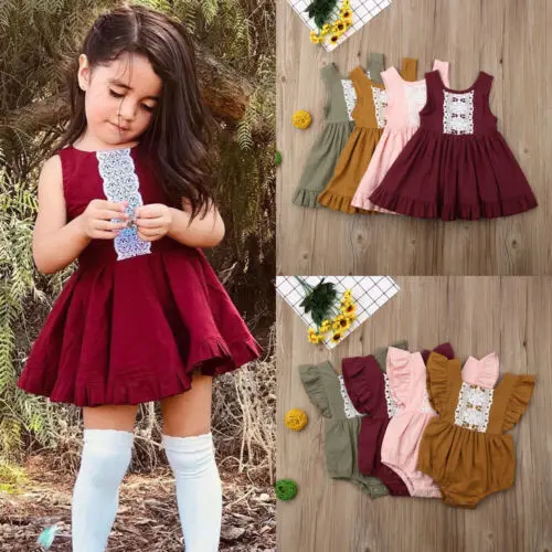UK Little/Big Sister Baby Girl Kids Lace Green Black Red Pink Dress Summer Matching Outfits baby clothes