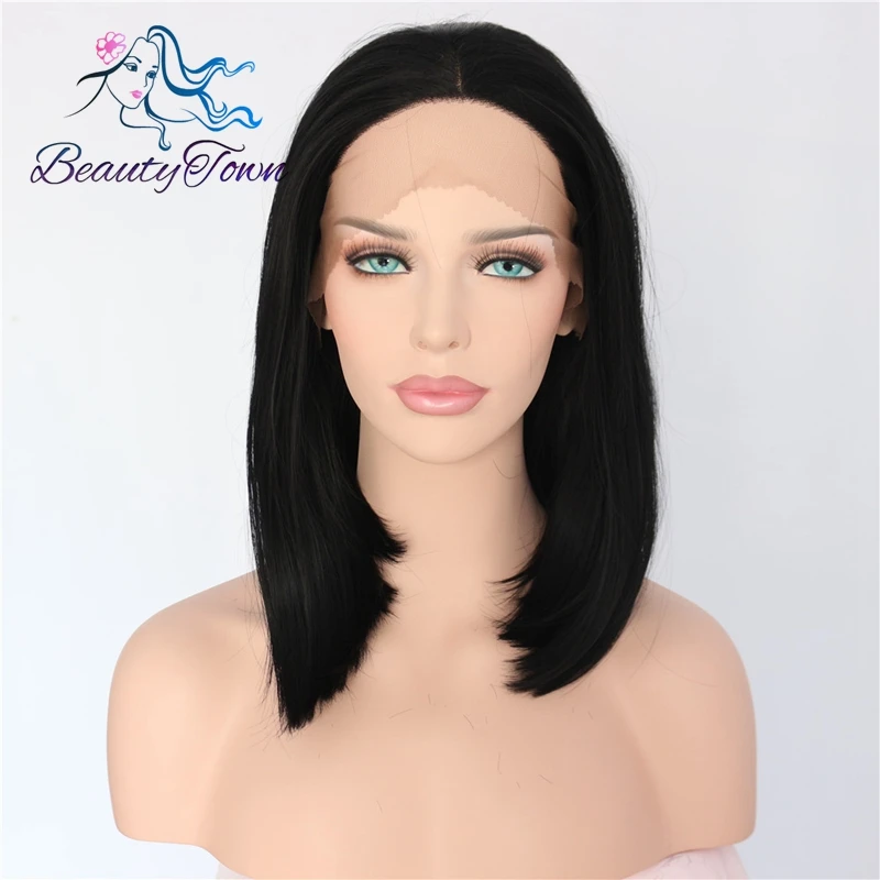 

BeautyTown Black Color Short Bob Style Glueless Heat Resistant Hair Daily Makeup Synthetic Lace Front Wedding Party Wigs