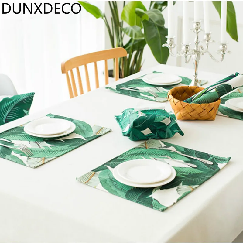 

DUNXDECO Table Placemat Dinner Party Plate Cover Pad Desk Accessories Pastoral Style South East Asia Tropic Green Plant Decor