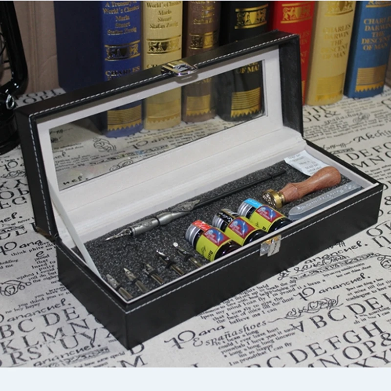 

Europe Gothic Calligraphy Dip Pen Set English Copperplate Script Antique Dip Pen with 3 inks 6 nibs 1 Stamp 1 Seal Wax
