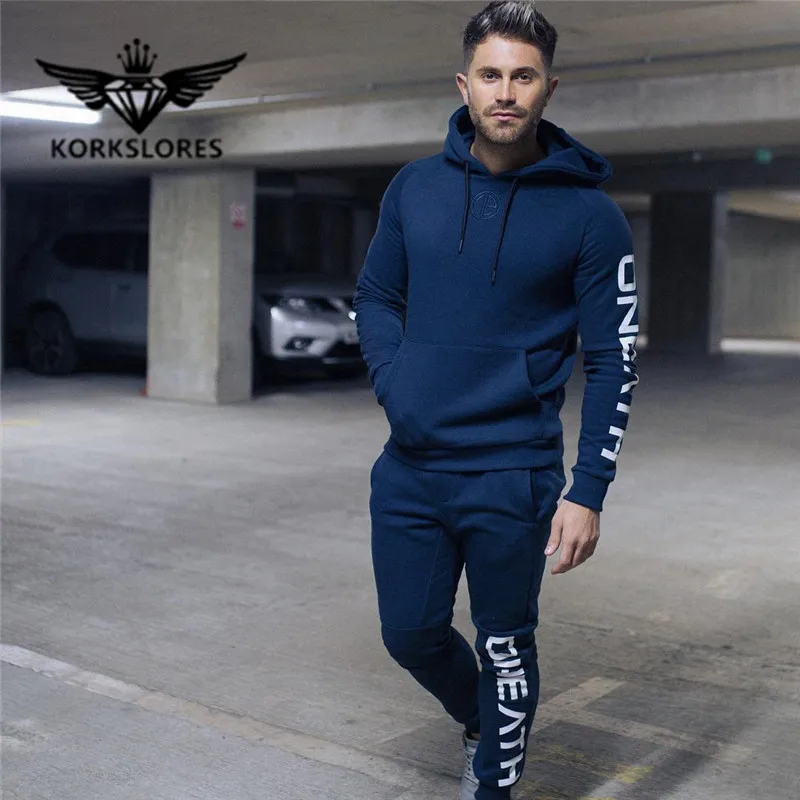 

2018 Men Set Quality Fleece Sweatshirt + Pants Male Tracksuit Sporting Sweat Suits Mens Gyms Survetement Sportswear