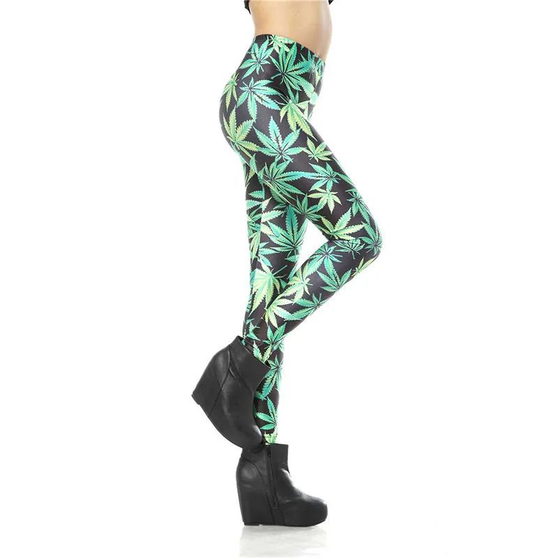 Women Sport Leggings Green Leaves Printed Yoga Pants