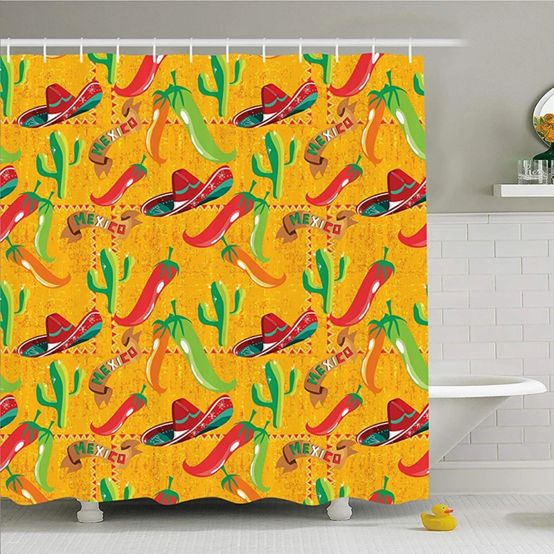 

Mexican Cactus Hat Chili Pepper Pattern Shower Curtain Grunge Bathroom Curtain Set with Hooks Waterproof Polyester Decorations