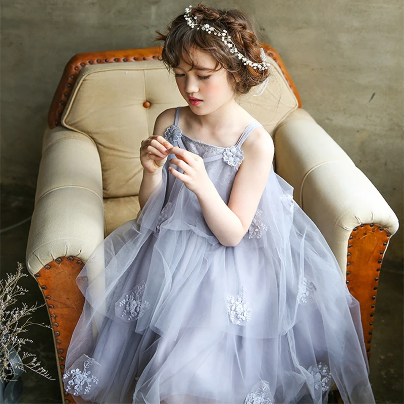 

Custom Grey/White Color Stereoscopic Lace Flower Sleeveless Princess Girl Summer Asymmetrical Mesh Party/Birthday/Wedding Dress