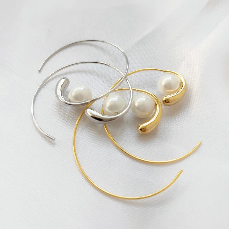 

SRCOI Gold Color Metal Curved Circle Spiral Geometric Round Pearl Big Hoop Earrings Minimalist Alloy Wedding Party Women Gifts