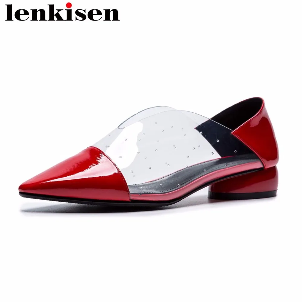 

Lenkisen luxury patchwork slip on square toe cuts-on genuine leather low heels preppy style sexy women comfortable pumps L01