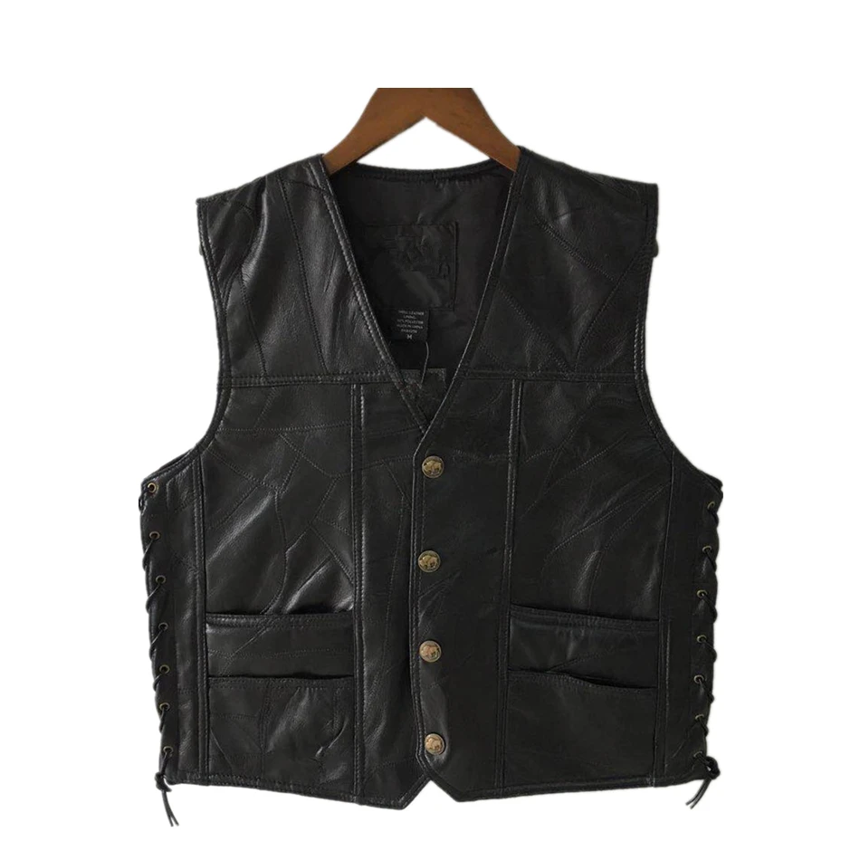 black vest Мотоциклетный жилет, кожаный мужской черный жилет, мужской Байкер, панк, натуральная кожа, на пуговицах, на шнуровке, осенняя куртка без рукавов для мужчин - Цвет: black vest