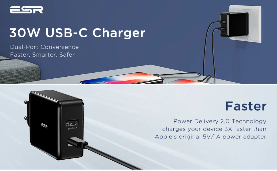 ESR USB C тип-c 30 Вт двойной порт быстрая зарядка настенный ЕС США штекер 18 Вт PD 3,0 быстрое зарядное устройство для iPhone 11 Pro XR XS Max iPad Android