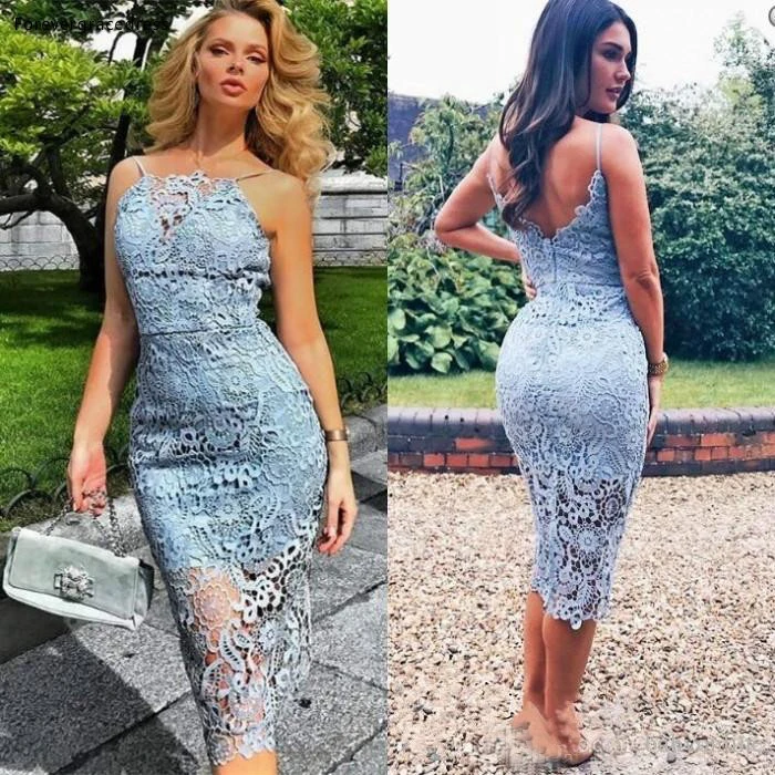 

2019 Cheap Sheath Cocktail Dress Light Blue Lace Tea Length Summer Beach Formal Club Wear Evening Prom Party Gown Plus Size