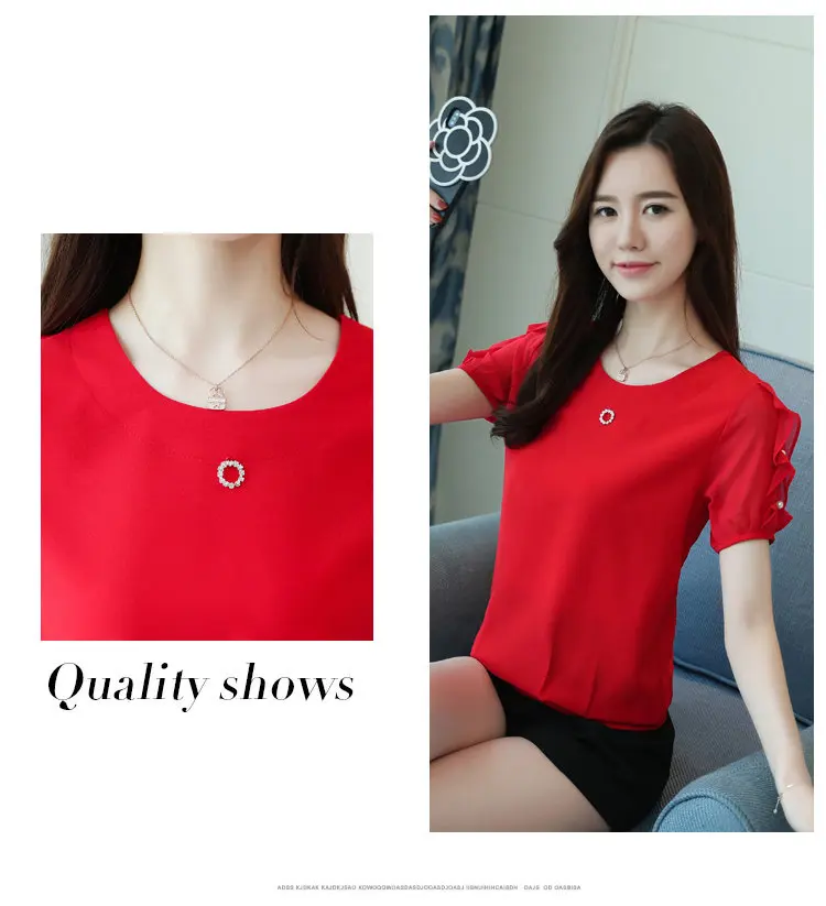 2018 Newest Beading Top Ladies Chiffon Blouse Women Tops O-neck Short Sleeve Femme Shirts Summer Red Blusas Mujer Verano Moda (3)