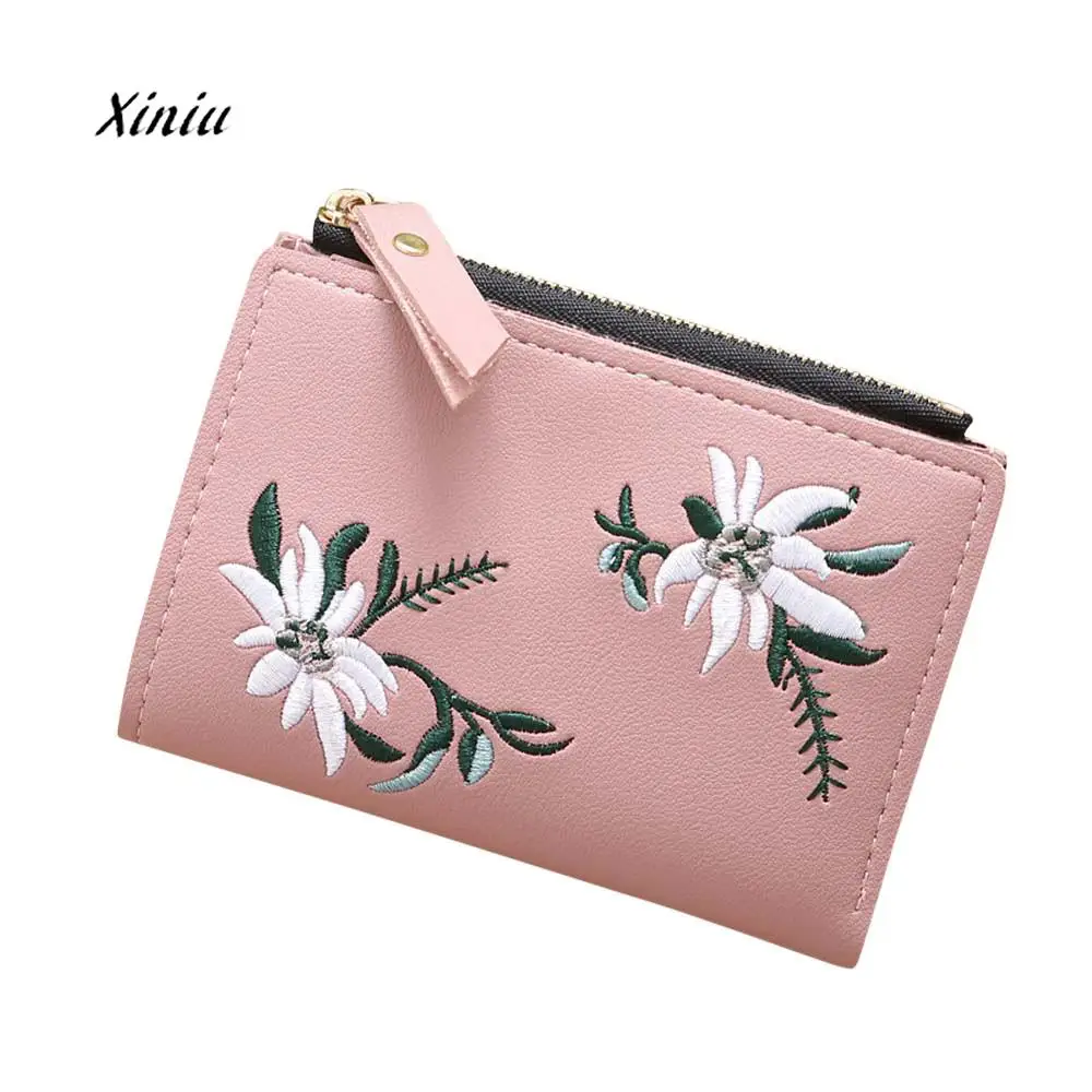 New Fashion Wallets Women Embroidery Flower Zipper Short Wallet Coin