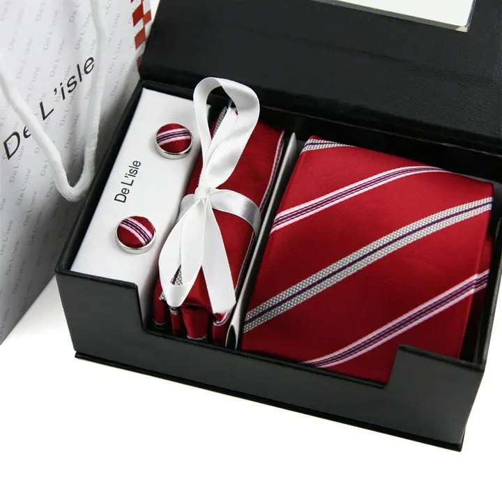 Премиум нано водонепроницаемая ткань жаккардовый галстук запонки Hanky подарочный набор роскошный подарок с подарочной коробкой и сумочкой - Цвет: BROCADE RED