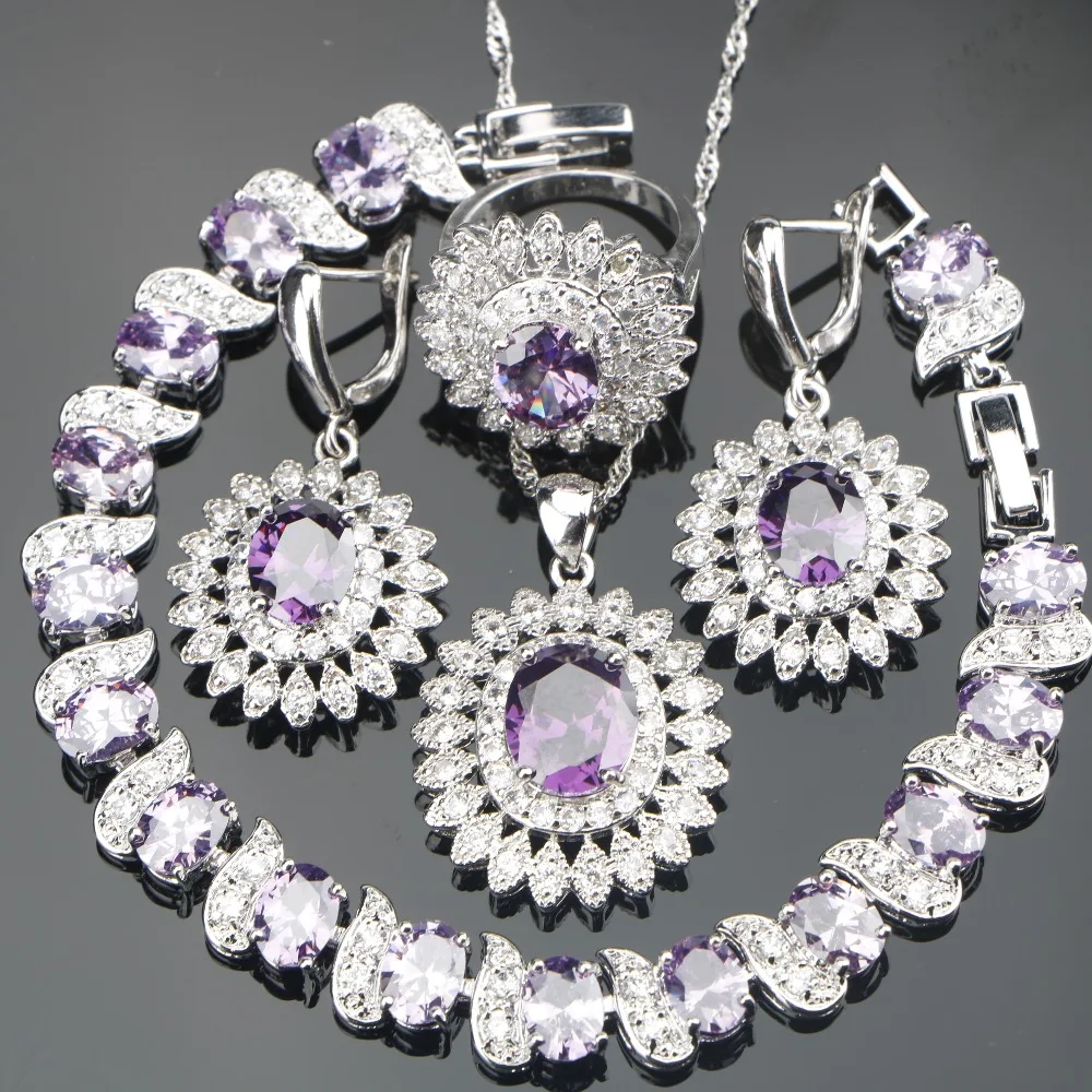 

New Purple Stones Costume Jewelry Sets Silver 925 Jewelry For Women Bracelets Pendant Necklace Chain Rings Earrings Set Gift Box