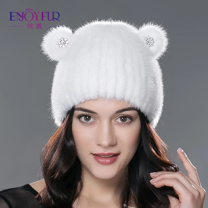 ENJOYFUR women winter fur hat knitted mink fur beanies cap thick warm lovely cat fur hat
