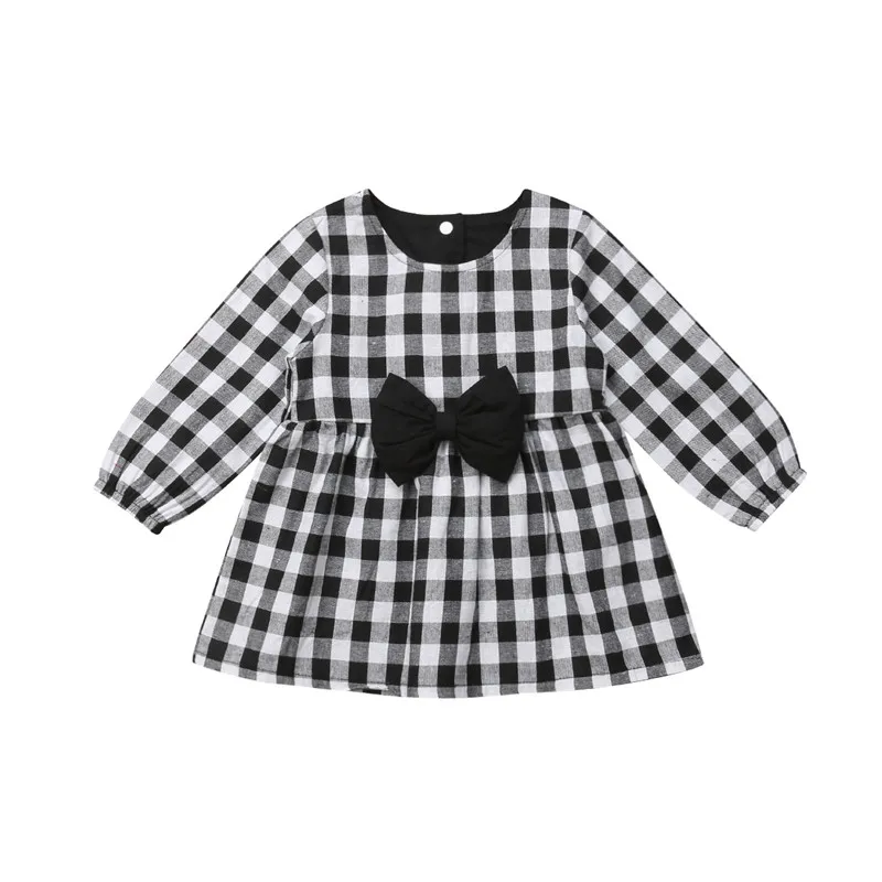 Girls Dress Autumn Toddler Kids Baby Long Sleeve Black White Plaid