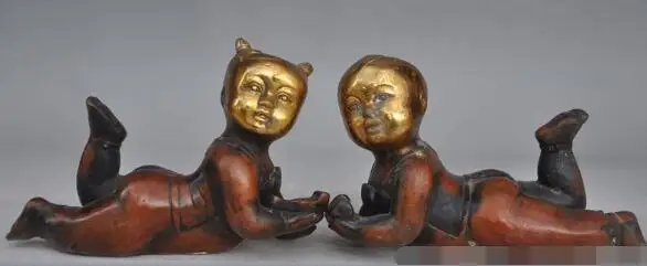 

S2980 7"Auspicious China Feng Shui Bronze gilt boy lad Girl with Statue Sculpture pair