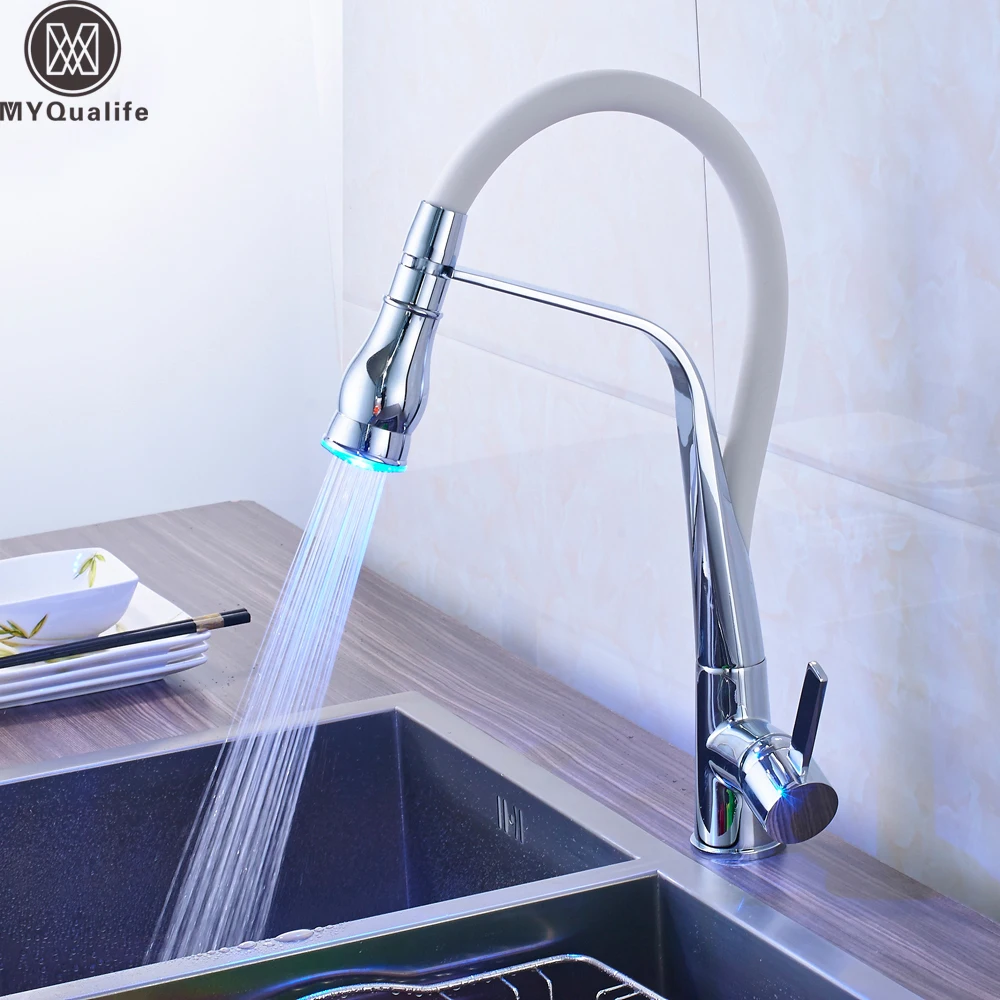 Вращающийся светодиодный светильник на 360 градусов, кухонный кран, белый смеситель для кухни, резиновая конструкция с одной ручкой, кран на бортике для раковины
