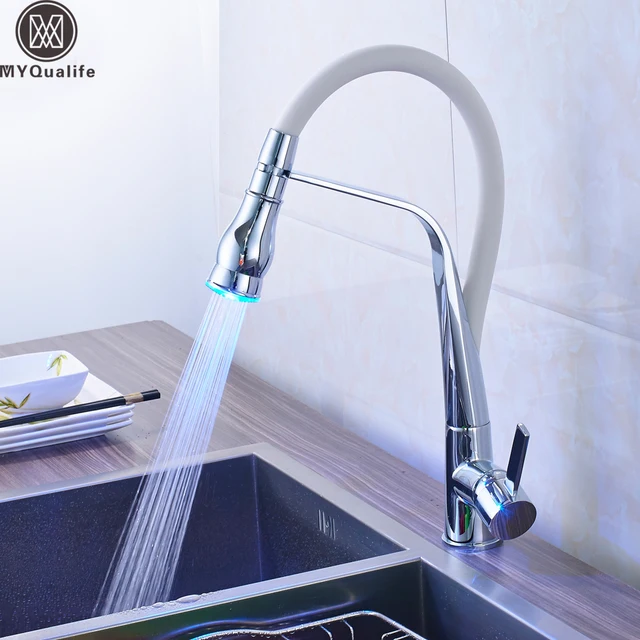 Best Quality 360 Rotate LED Light Kitchen Faucet White Mixer Tap for Kitchen One Handle Rubber Design Pull Down Deck Mounted Crane for Sink 