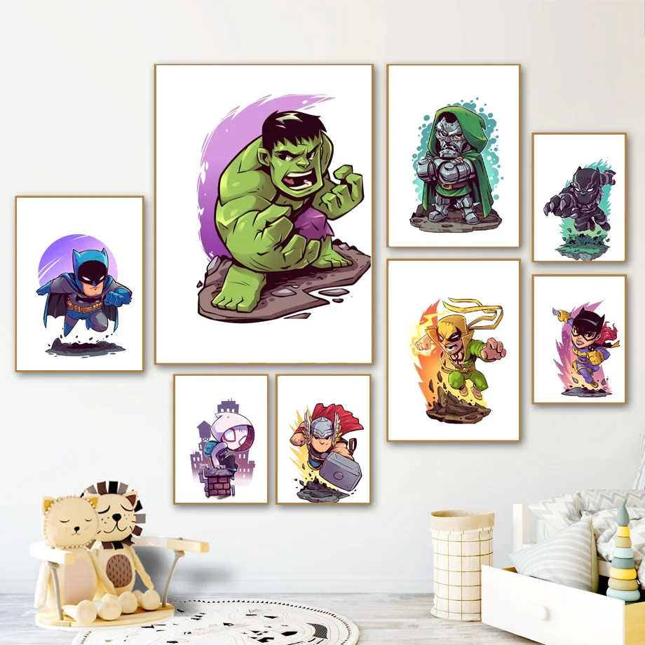 

Cartoon Black Panther Hulk Batman Thor Iron Fist Anime Posters And Prints Wall Art Canvas Painting Wall Pictures Kids Room Decor