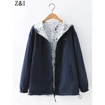 

Bran Autumn Women Bomber Basic Jacket Pocket Zipper Hooded Two Side Wear Cartoon Print Outwear Loose Coat Feminino Coats Outwear