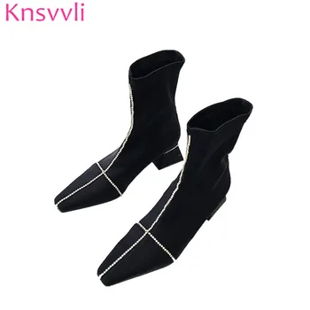 

Knsvvli new black stretch sock boots women studded crystal ankle boots woman strange style high heel ladies runway shoes