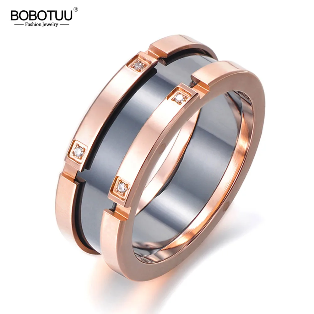 

BOBOTUU Classic Ring Rose Gold Color Cubic Zirconia Black Ceramics Titanium Steel Wedding Rings For Women Bague Femme BR17039R