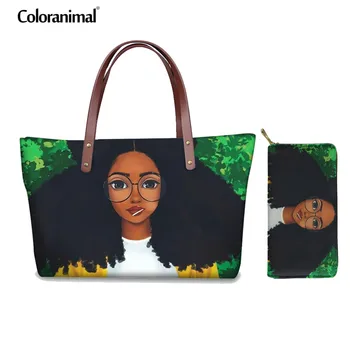 

Coloranimal 2pcs Set Women Handbags Black Girl Magic Melanin Large Shopping Bag 3D African Printing Shoulder Bag Leather Wallets