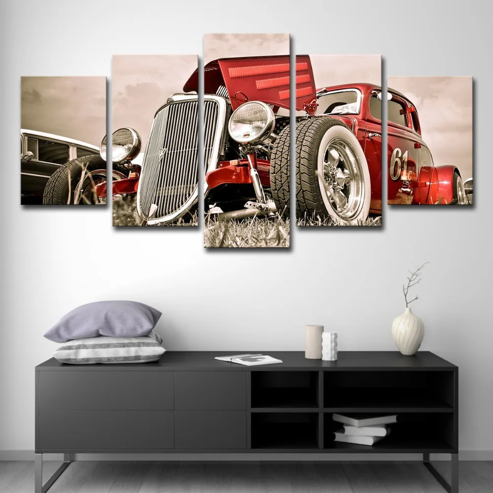 5P0005 Canvas Wall Art Pictures Home Decor 5 Pieces Hot Rod Red Front View Wheels Paintings Living Room HD Prints Car Poster Framework  (8)