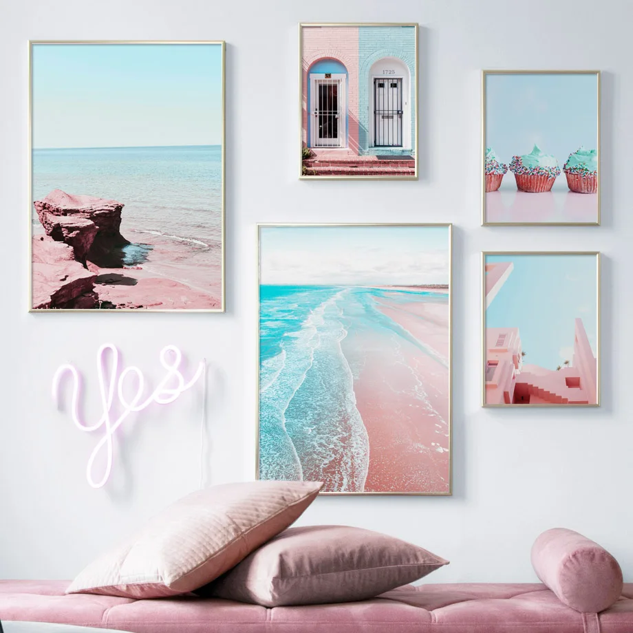 Pink-Beach-Sea-House-Door-Cake-Landscape-Wall-Art-Canvas-Painting-Nordic-Posters-And-Prints-Wall