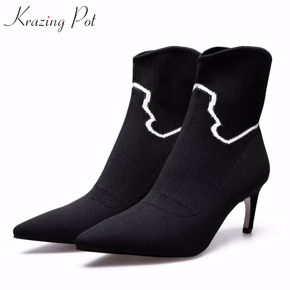 

Krazing Pot knitting woolen thin high heels pointed toe dailywear basic boots solid color wedding party women ankle boots L88