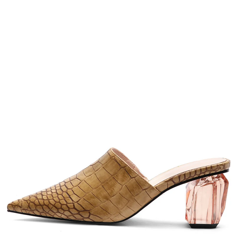 

YECHNE Summer Women's Snakeskin Pattern Slipper Transparent Heels Shoes Pointed Toe Woman Snakeskin Pattern Sandals Brown
