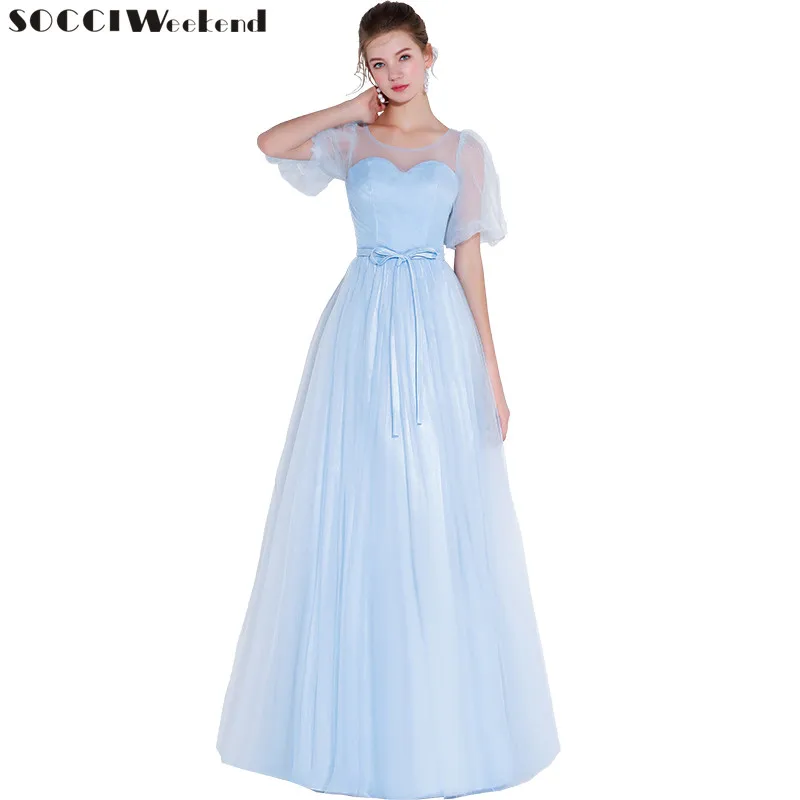 

SOCCI Weekend Long Elegant Prom Dresses 2018 Blue Criss-Cross Formal Dress Half Sleeve Scoop Floor-Length Plus Size Evening Gown